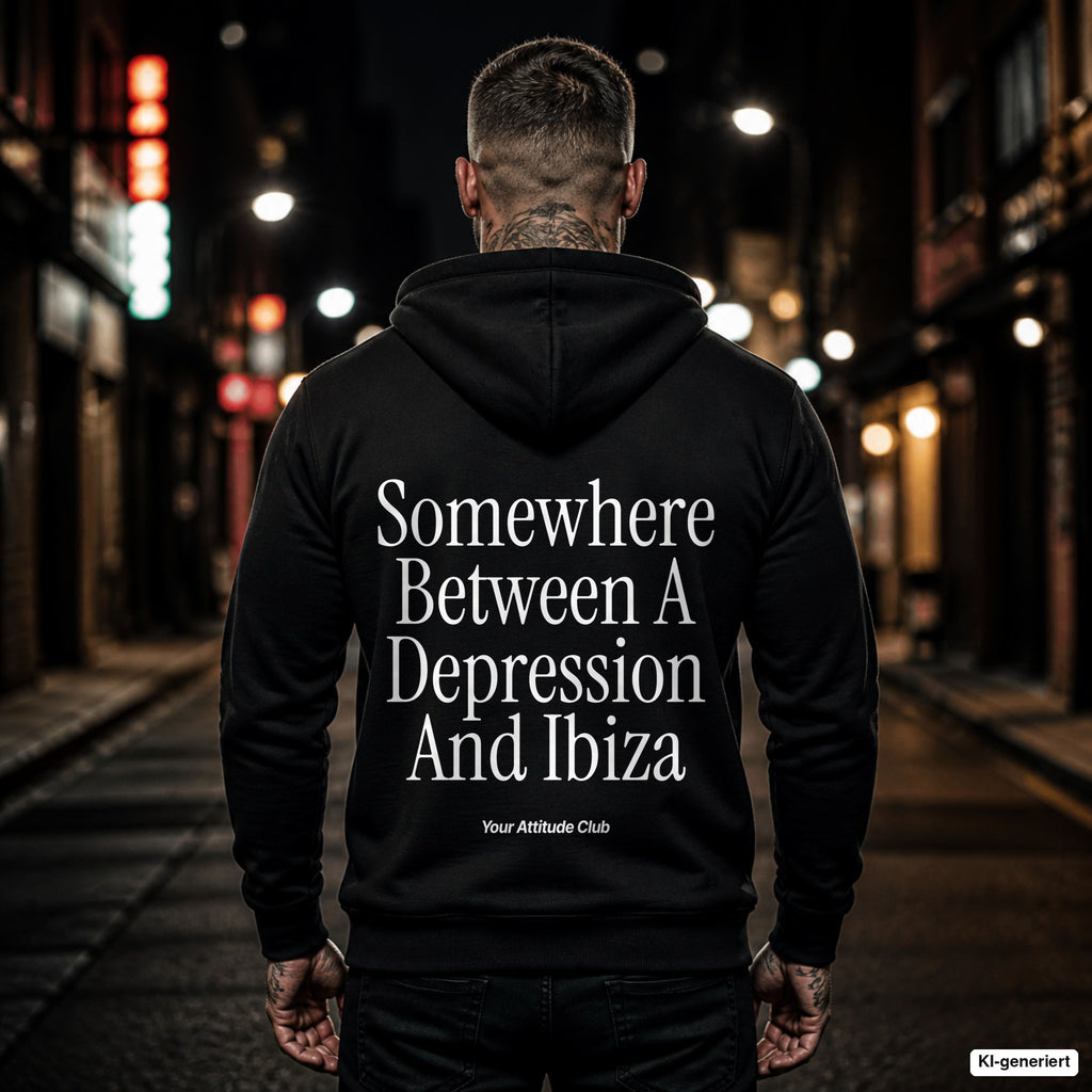 Somewhere Between A Depression And Ibiza – schwarzer Hoodie mit weißem Backprint, Herren in der Stadt bei Nacht