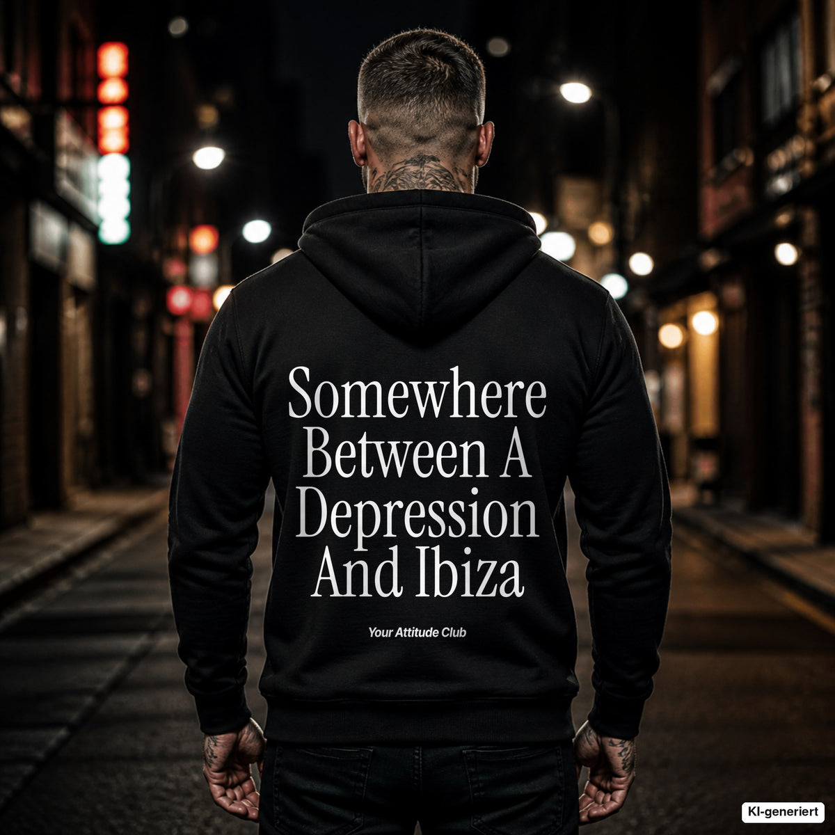 Somewhere Between A Depression And Ibiza – schwarzer Hoodie mit weißem Backprint, Herren in der Stadt bei Nacht