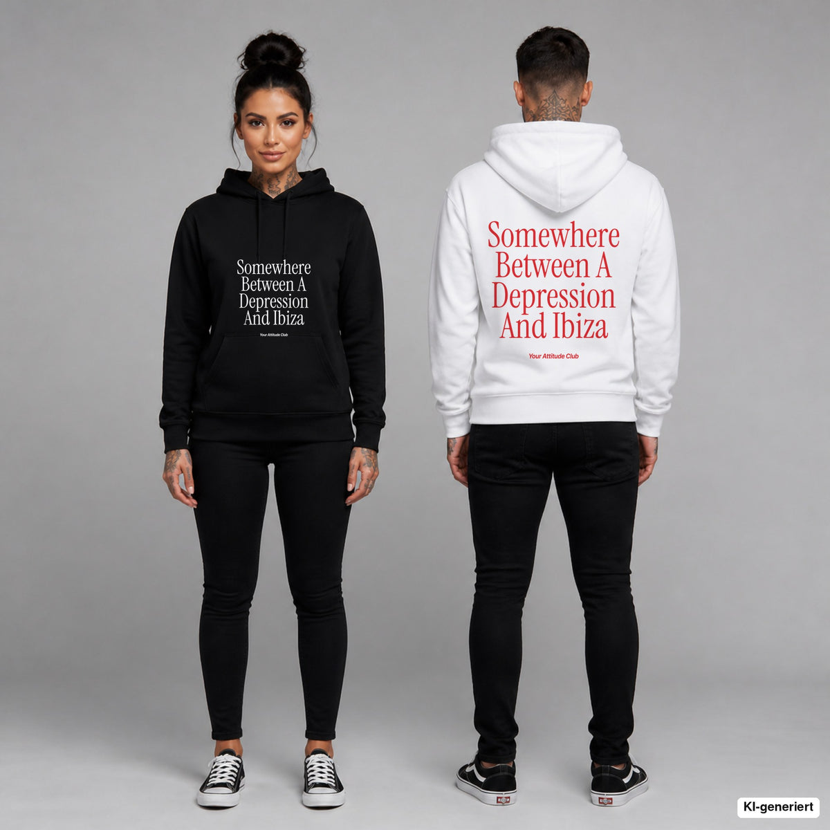 Somewhere Between A Depression And Ibiza – Hoodie unisex mit Frontprint (Frau, Schwarz) und Backprint (Mann, Weiß)
