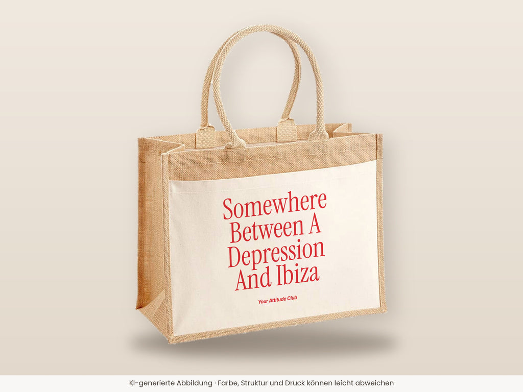 Somewhere Between A Depression And Ibiza – Jutetasche mit Spruch, große Jutetasche, Detailansicht