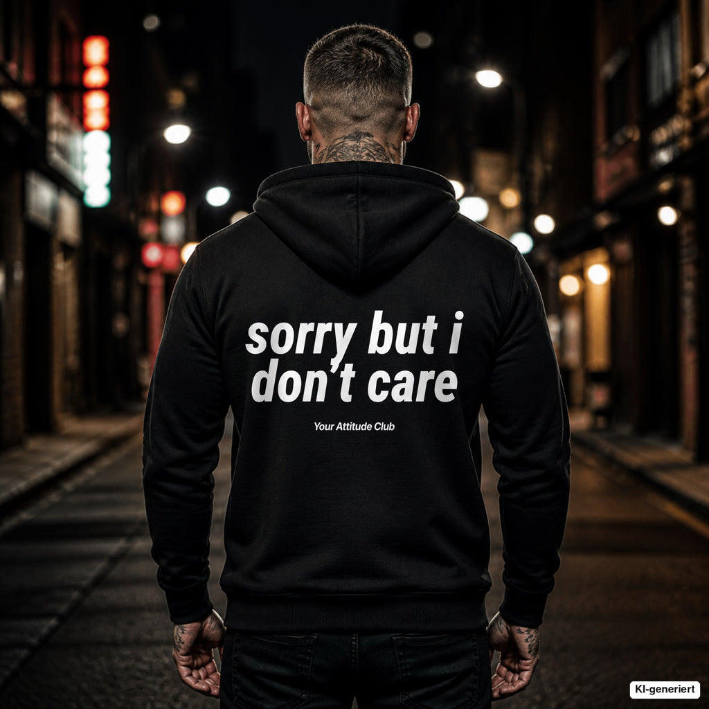 Sorry But I Don’t Care – schwarzer Hoodie mit weißem Backprint, Herren in der Stadt bei Nacht