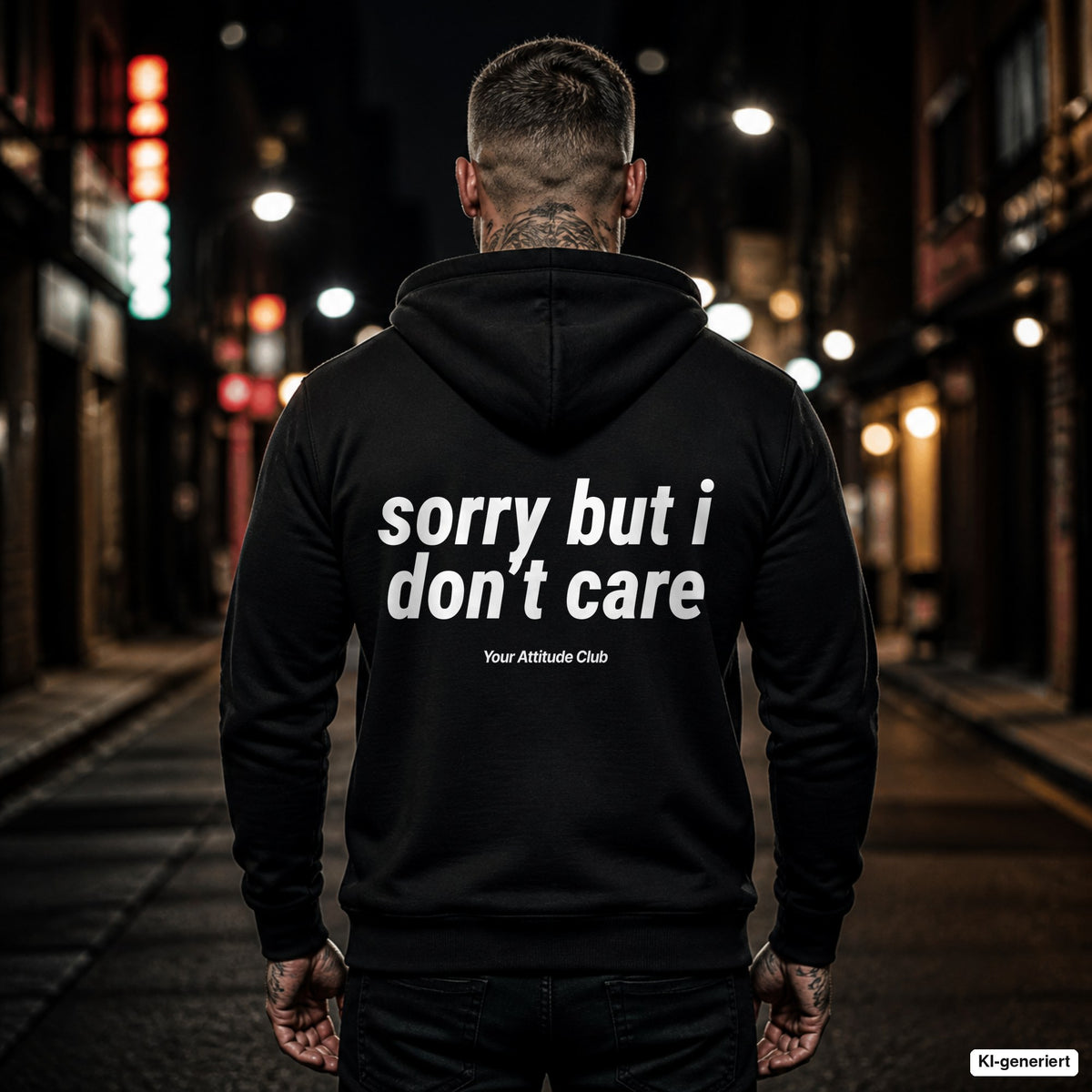 Sorry But I Don’t Care – schwarzer Hoodie mit weißem Backprint, Herren in der Stadt bei Nacht