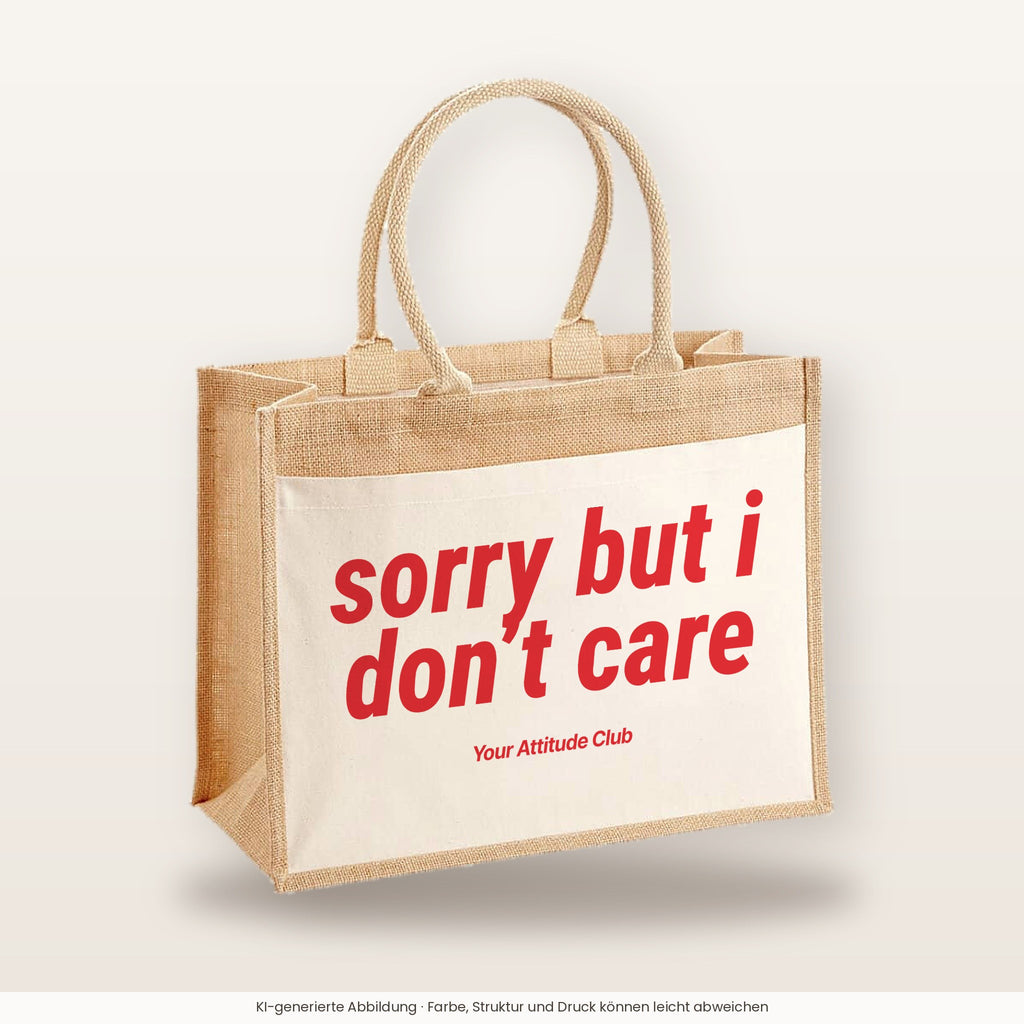 Sorry But I Don’t Care – Jutetasche mit Spruch, große Jutetasche, Produktansicht