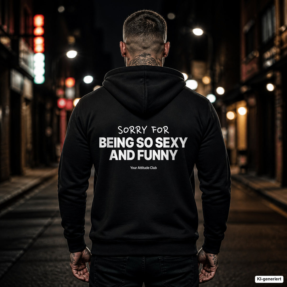 Sorry For Being So Sexy And Funny – schwarzer Hoodie mit weißem Backprint, Herren in der Stadt bei Nacht