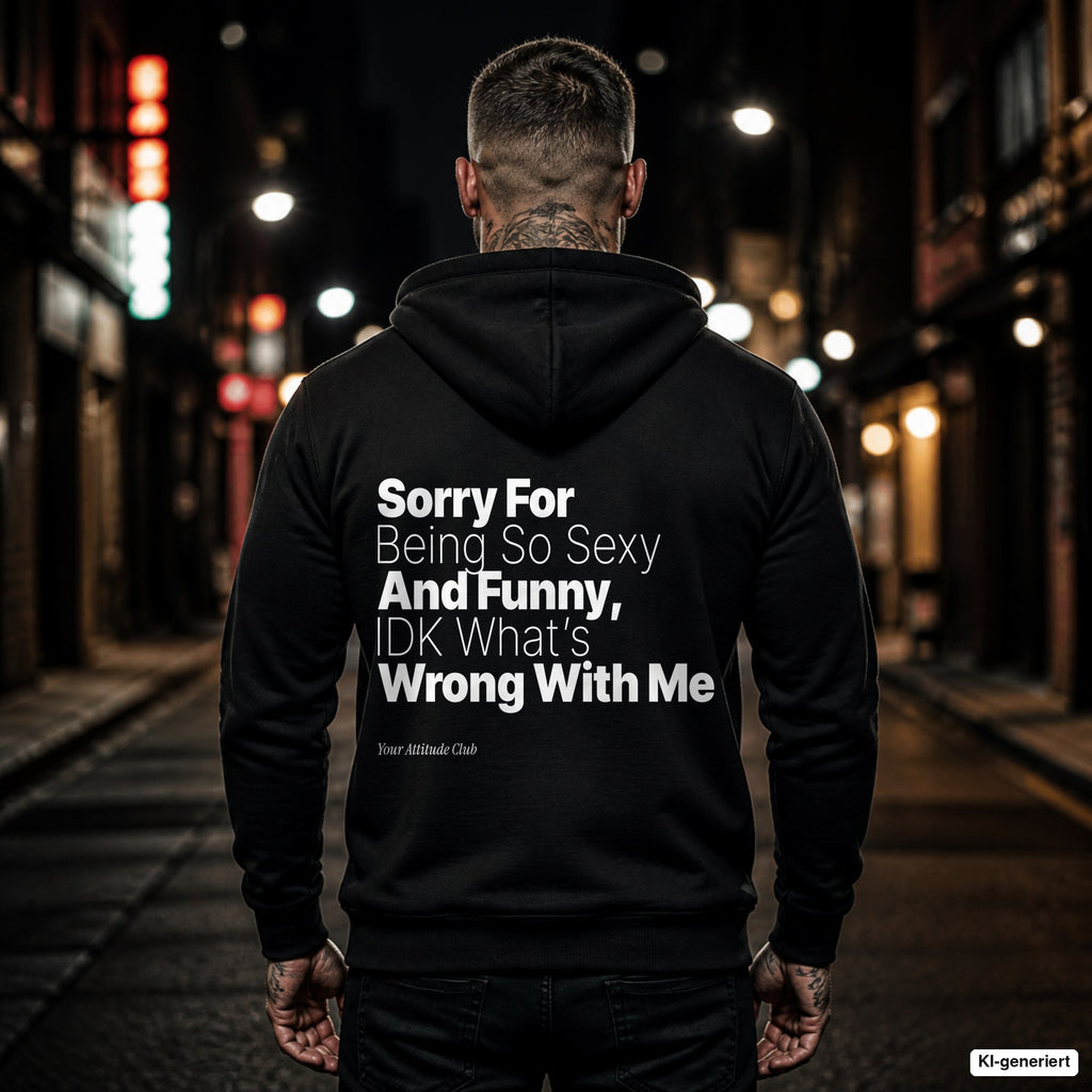 Sorry For Being So Sexy And Funny, IDK What’s Wrong With Me – schwarzer Hoodie mit weißem Backprint, Herren in der Stadt bei Nacht