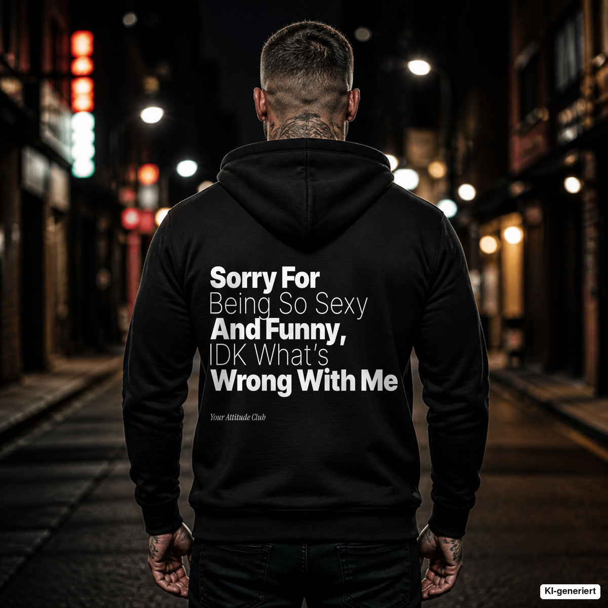 Sorry For Being So Sexy And Funny, IDK What’s Wrong With Me – schwarzer Hoodie mit weißem Backprint, Herren in der Stadt bei Nacht