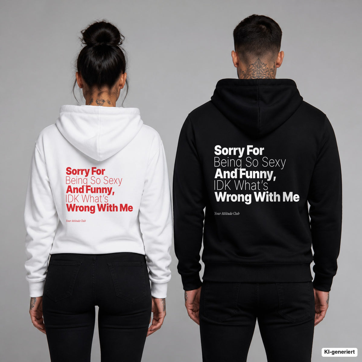 Sorry For Being So Sexy And Funny, IDK What’s Wrong With Me – Hoodie mit Backprint, Frau in Weiß mit rotem und Mann in Schwarz mit weißem Aufdruck