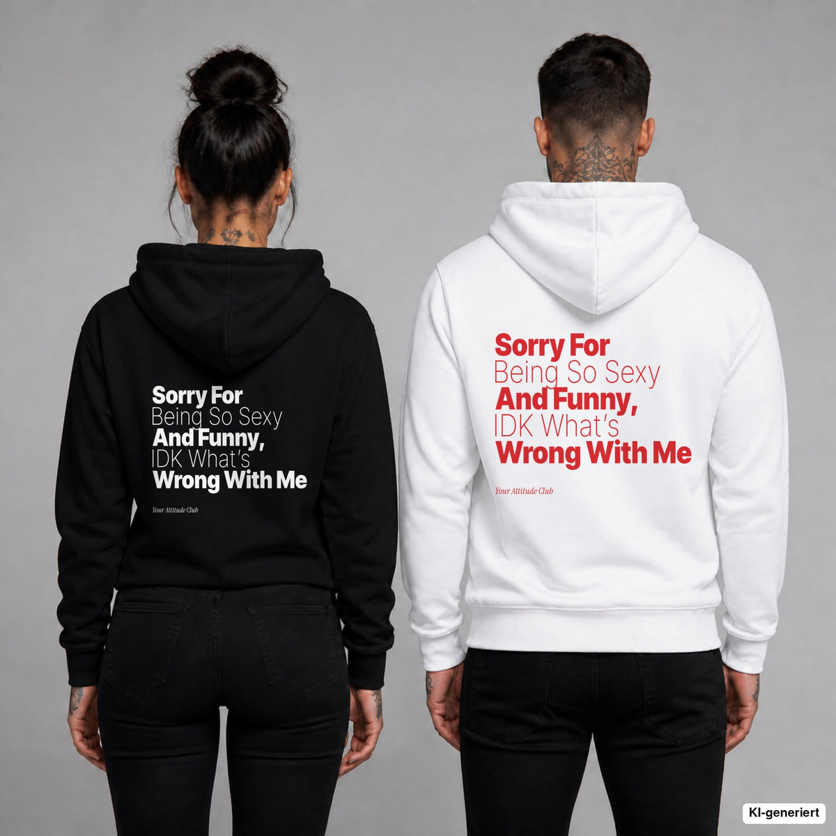 Sorry For Being So Sexy And Funny, IDK What’s Wrong With Me – Hoodie mit Backprint, Frau in Schwarz und Mann in Weiß
