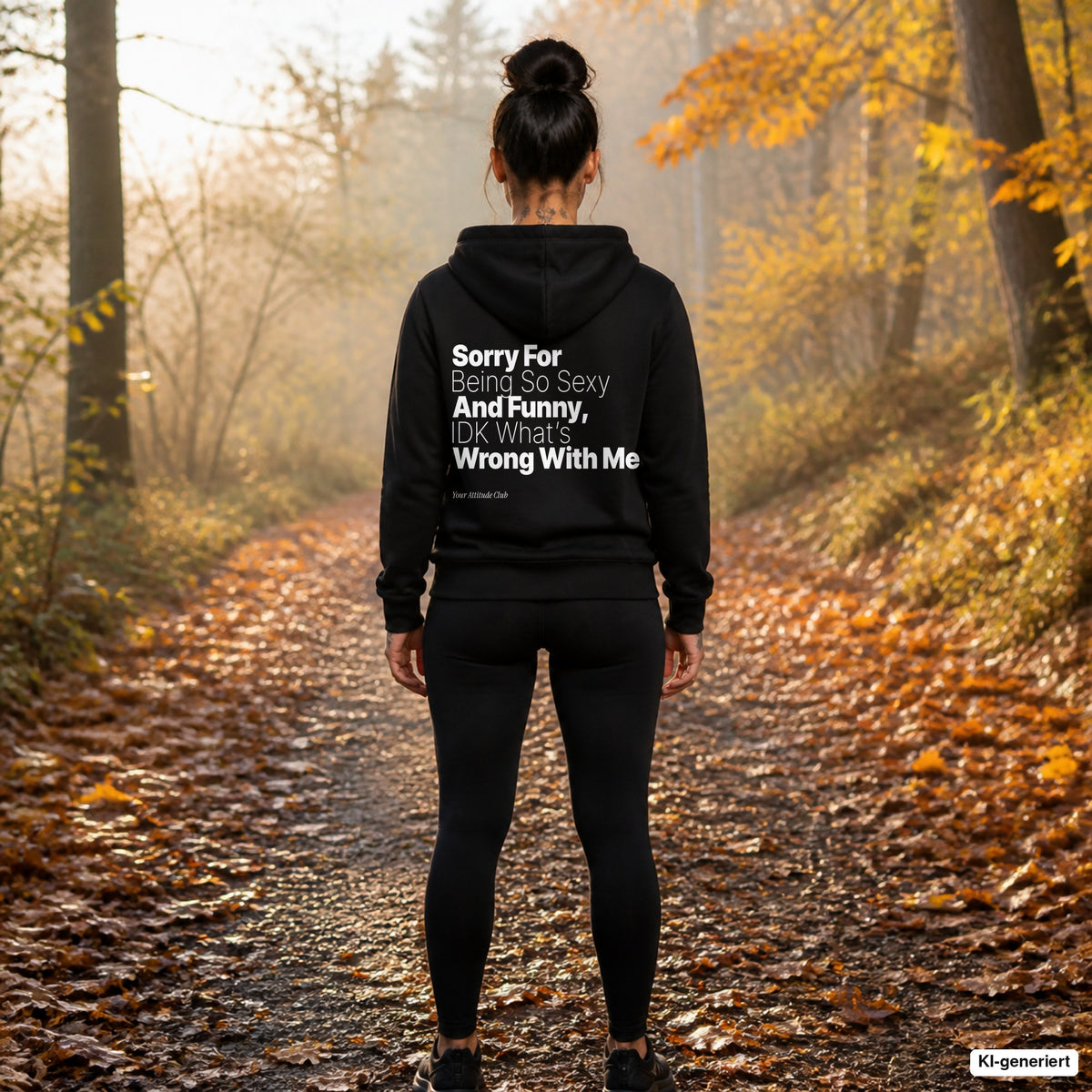 Sorry For Being So Sexy And Funny, IDK What’s Wrong With Me – schwarzer Hoodie mit weißem Backprint, Damen beim Joggen im Herbst