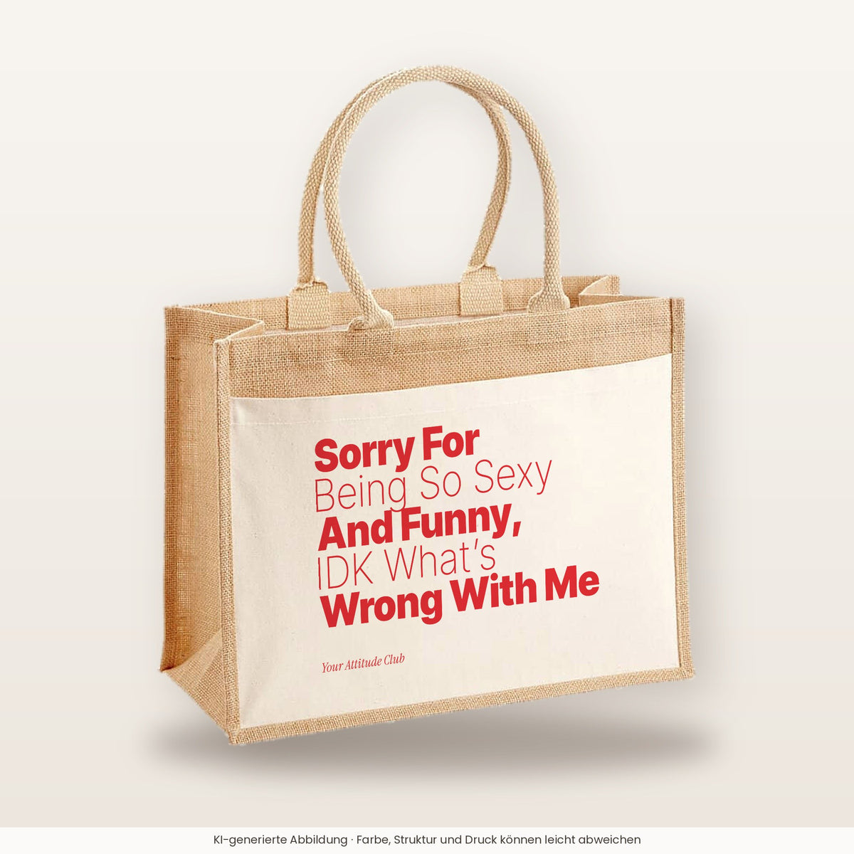 Sorry For Being So Sexy And Funny, IDK What’s Wrong With Me – Jutetasche mit Spruch, große Jutetasche, Produktansicht