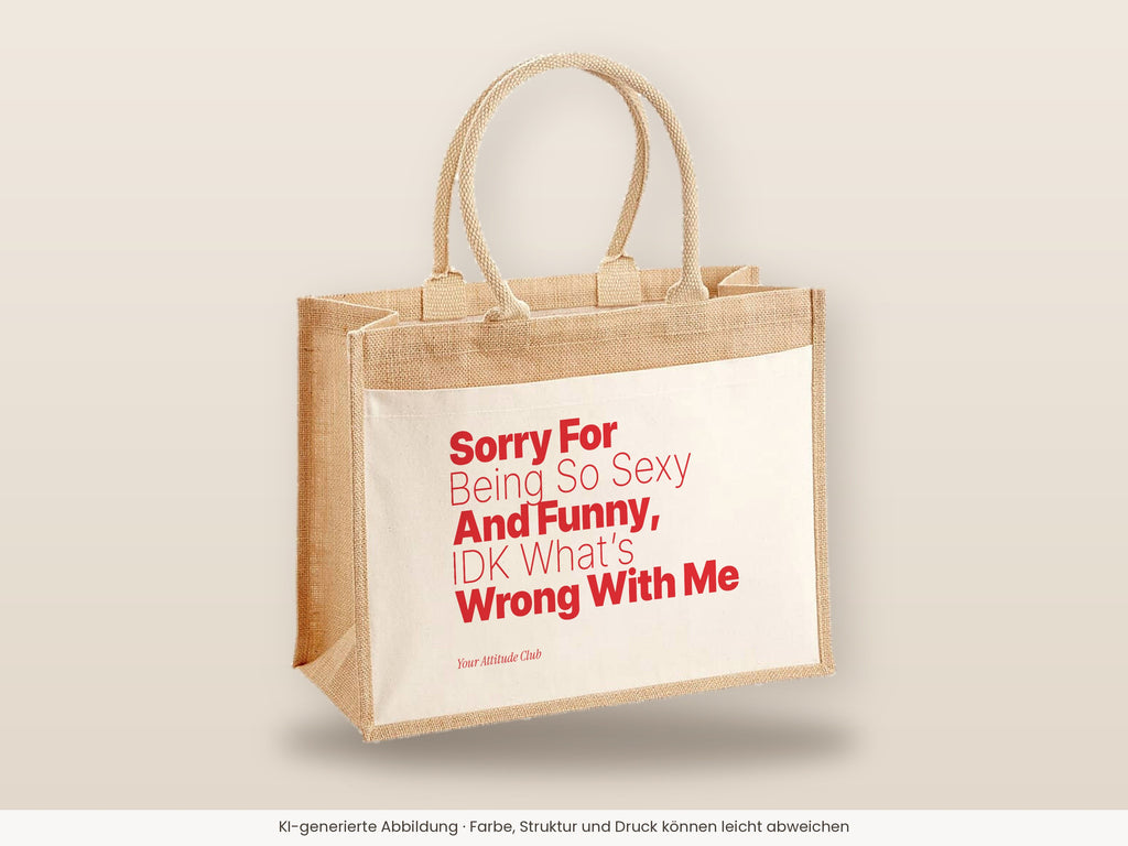 Sorry For Being So Sexy And Funny, IDK What’s Wrong With Me – Jutetasche mit Spruch, große Jutetasche, Detailansicht