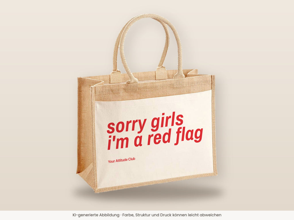 Sorry Girls I'm A Red Flag – Jutetasche mit Spruch, große Jutetasche, Detailansicht