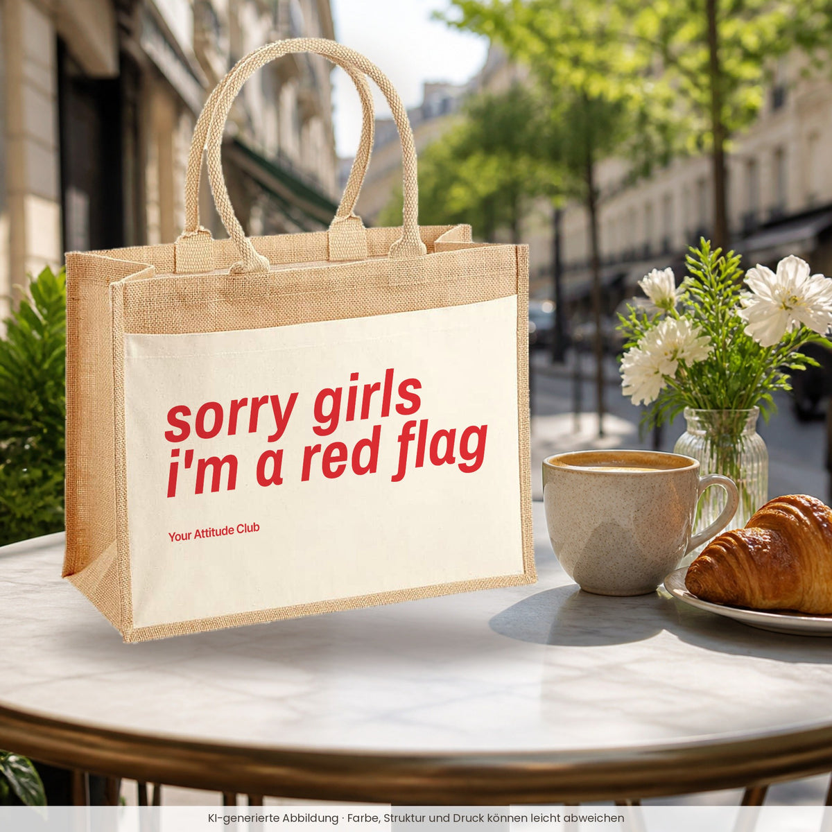 Sorry Girls I'm A Red Flag – Jutetasche mit Spruch, im Café