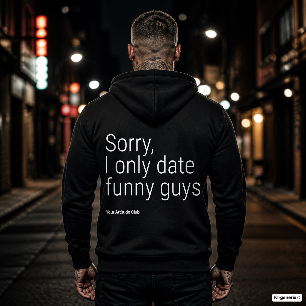 Sorry, I only date funny guys – schwarzer Hoodie mit weißem Backprint, Herren in der Stadt bei Nacht