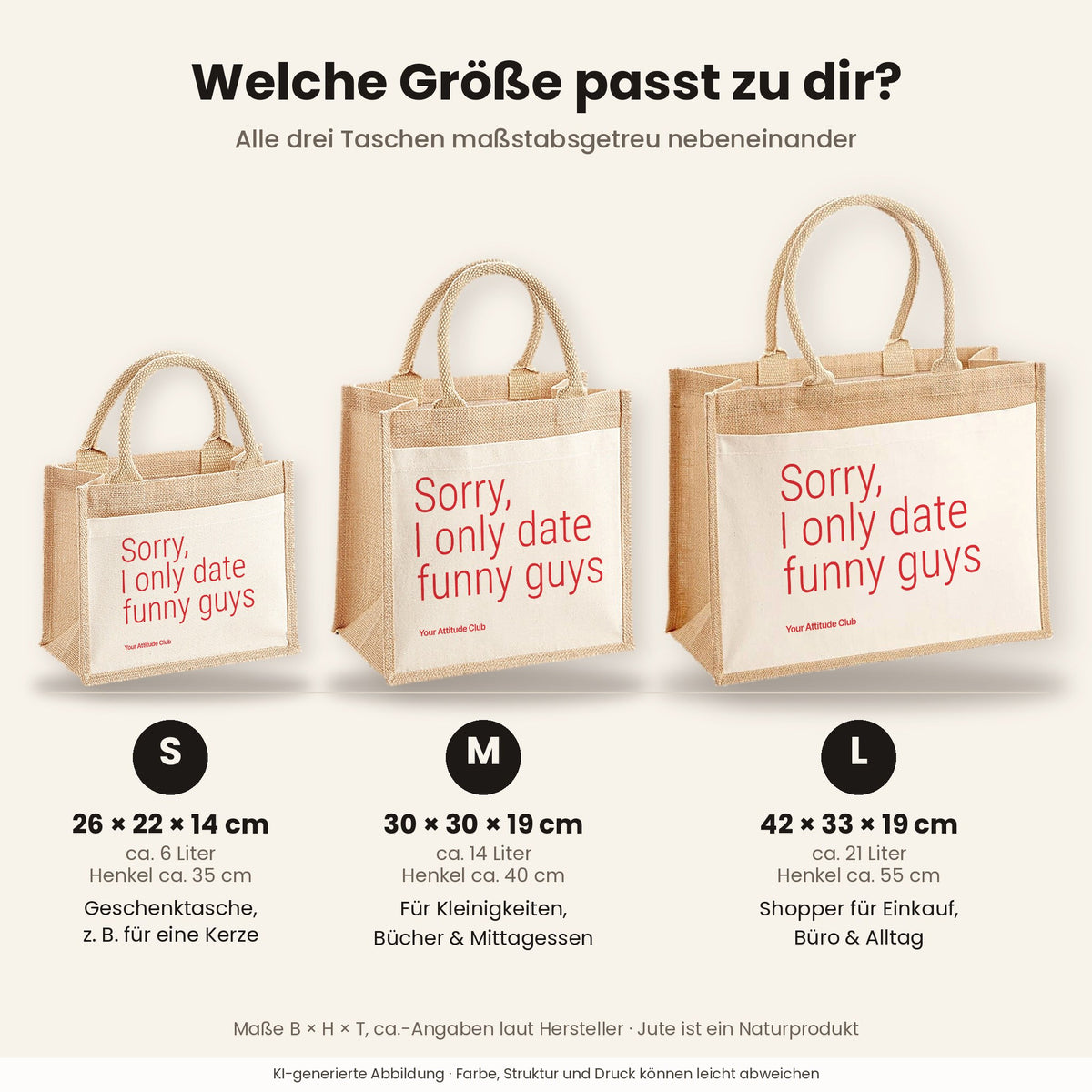 Sorry, I only date funny guys – Jutetasche mit Spruch, Größenvergleich klein, mittel, groß