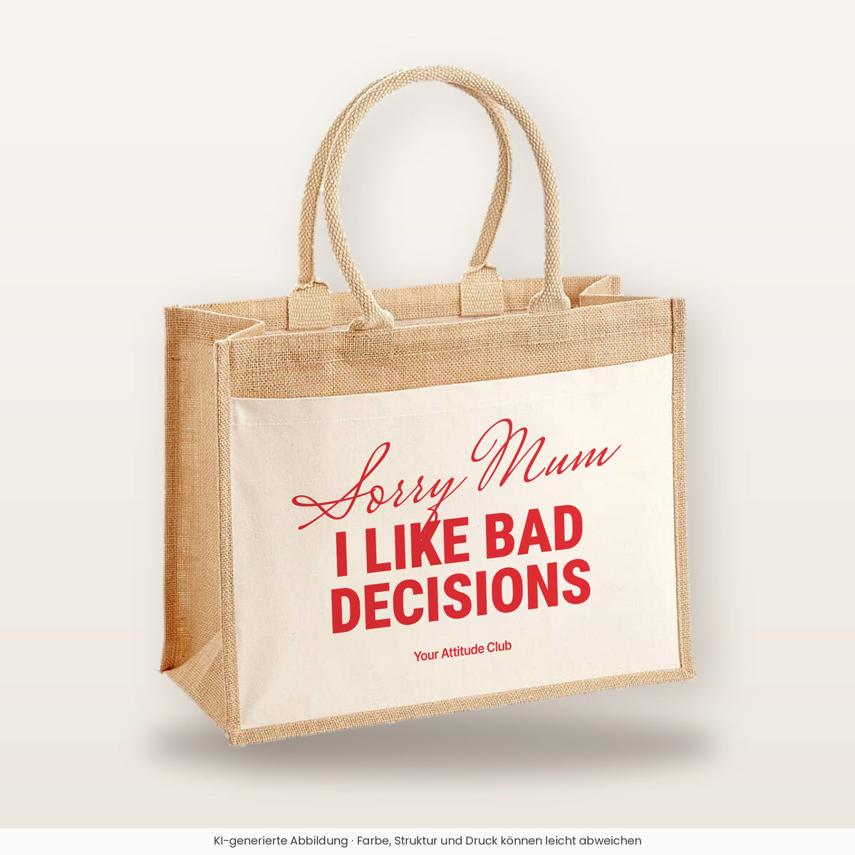 Sorry Mum I Like Bad Decisions – Jutetasche mit Spruch, große Jutetasche, Produktansicht