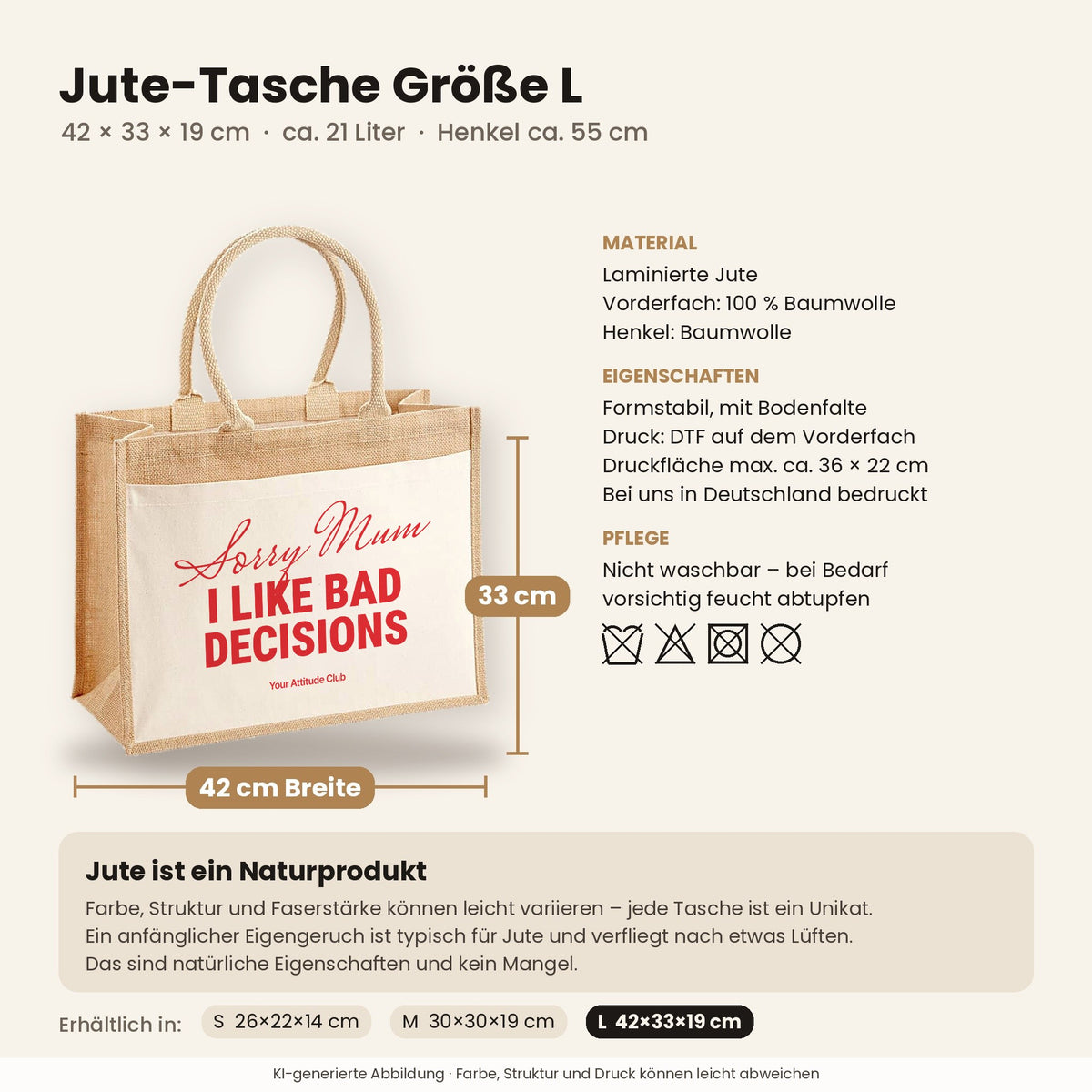 Sorry Mum I Like Bad Decisions – Jutetasche mit Spruch, Maße, Material und Pflege