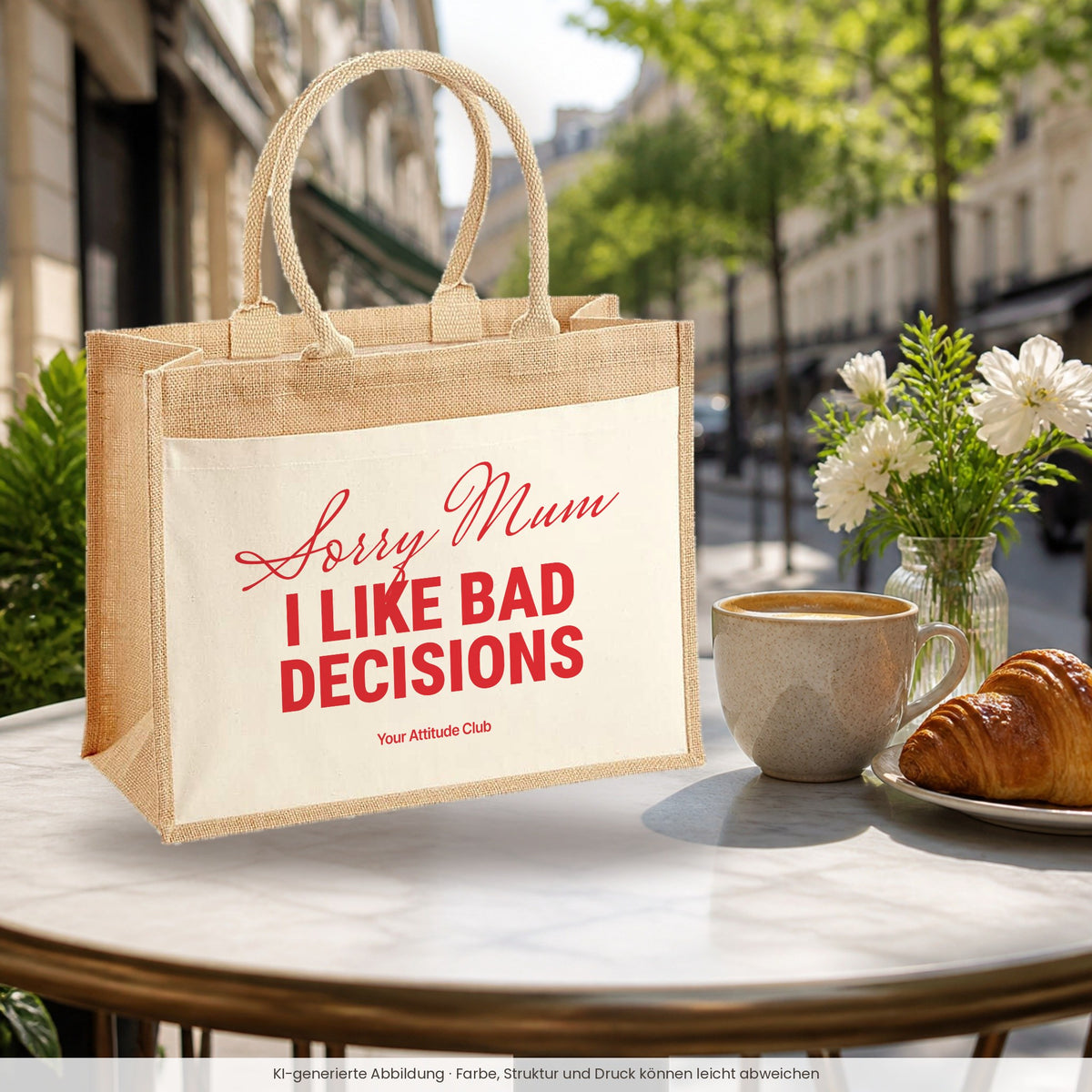 Sorry Mum I Like Bad Decisions – Jutetasche mit Spruch, im Café