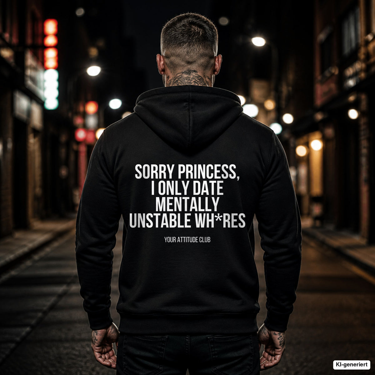 Sorry princess, I only date mentally unstable wh*res – schwarzer Hoodie mit weißem Backprint, Herren in der Stadt bei Nacht