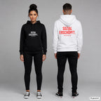 SOZIAL ERSCHÖPFT. – Hoodie unisex mit Frontprint (Frau, Schwarz) und Backprint (Mann, Weiß)
