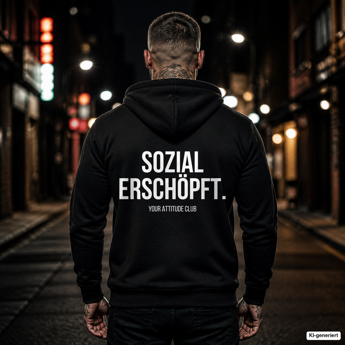 SOZIAL ERSCHÖPFT. – schwarzer Hoodie mit weißem Backprint, Herren in der Stadt bei Nacht