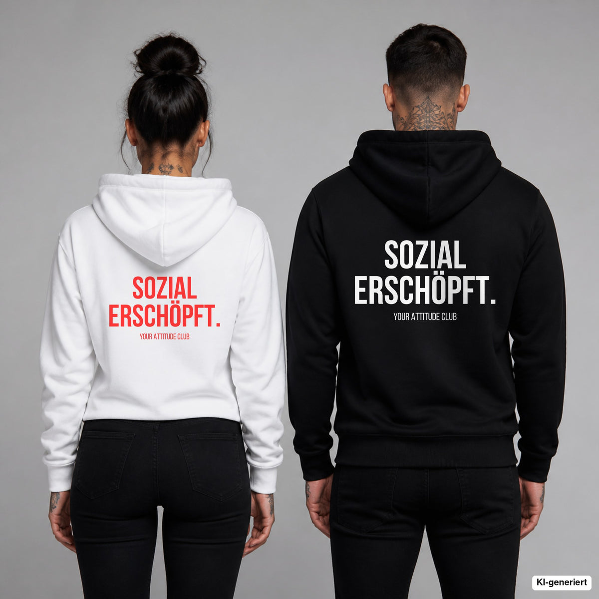 SOZIAL ERSCHÖPFT. – Hoodie mit Backprint, Frau in Weiß mit rotem und Mann in Schwarz mit weißem Aufdruck