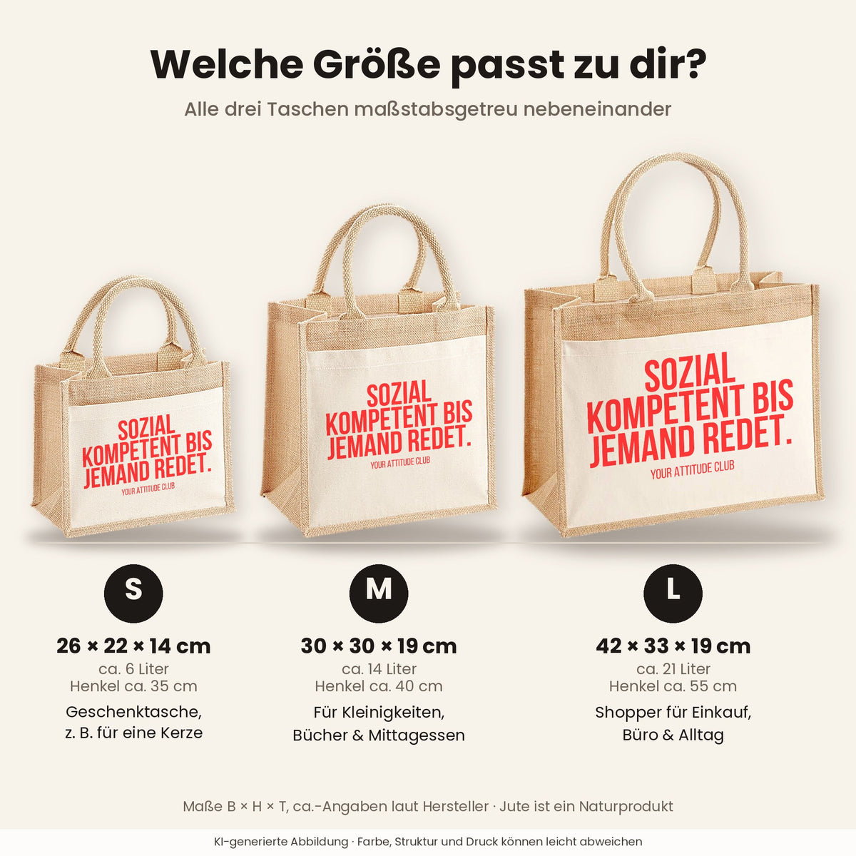 Sozial kompetent bis jemand redet. – Jutetasche mit Spruch, Größenvergleich klein, mittel, groß