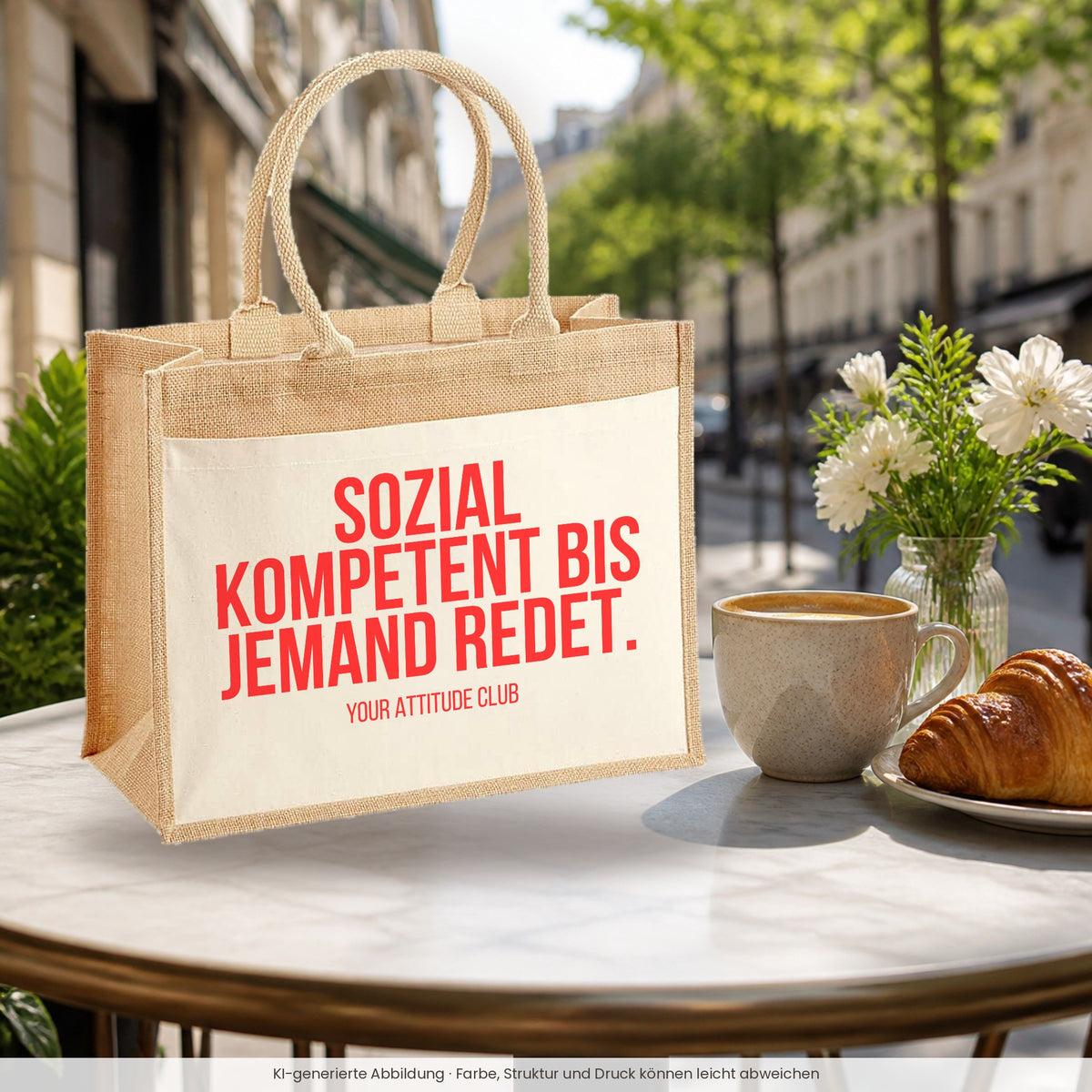 Sozial kompetent bis jemand redet. – Jutetasche mit Spruch, im Café