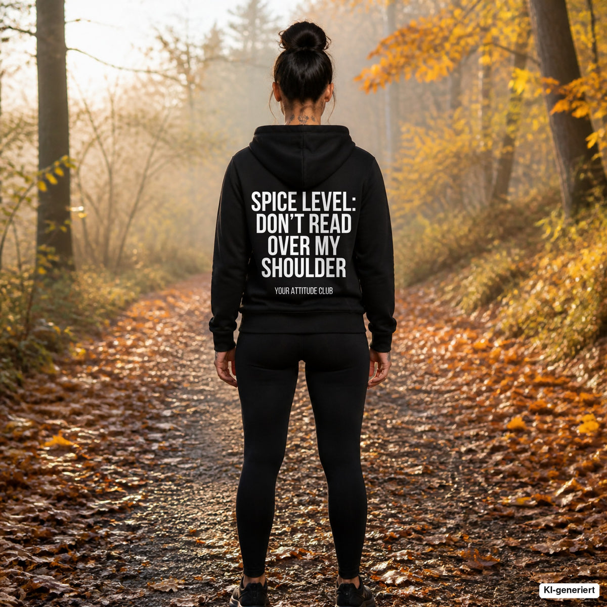 Spice level: don’t read over my shoulder – schwarzer Hoodie mit weißem Backprint, Damen beim Joggen im Herbst