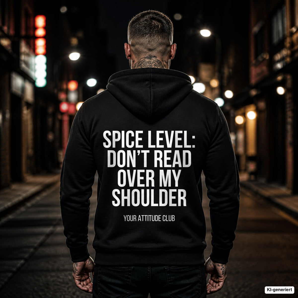 Spice level: don’t read over my shoulder – schwarzer Hoodie mit weißem Backprint, Herren in der Stadt bei Nacht