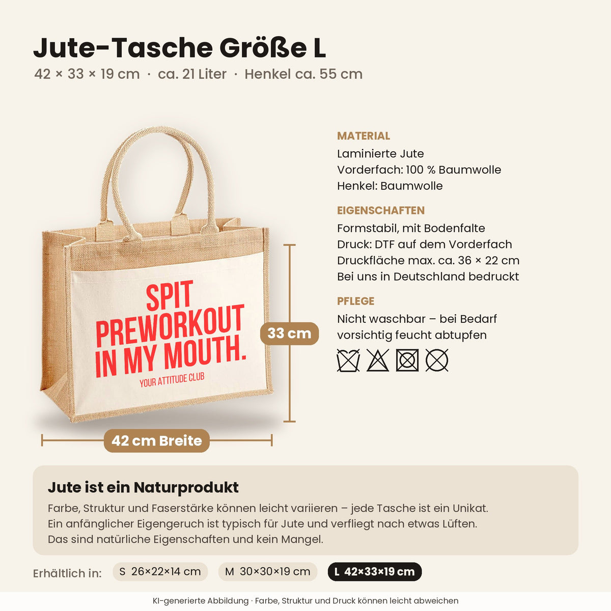 Spit preworkout in my mouth. – Jutetasche mit Spruch, Maße, Material und Pflege