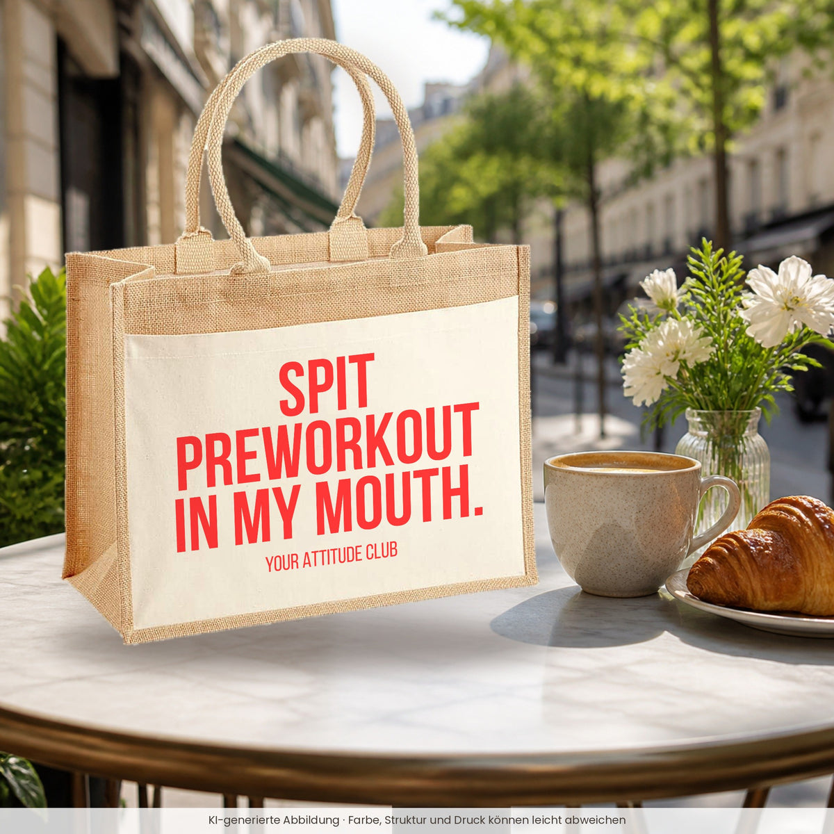 Spit preworkout in my mouth. – Jutetasche mit Spruch, im Café
