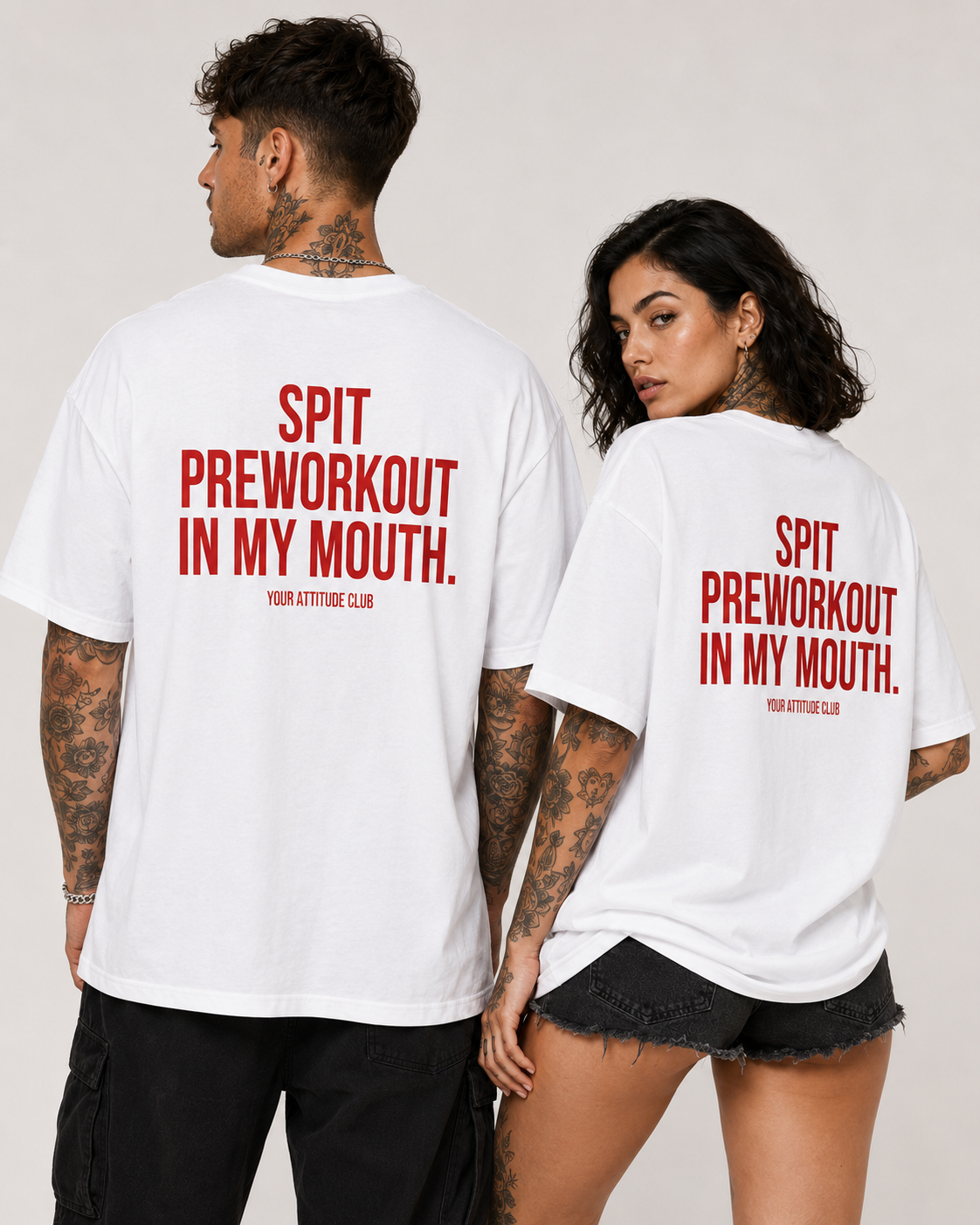 SPIT PREWORKOUT IN MY MOUTH – Weißes Oversize Unisex Shirt, Gym Shirt, Fitness Shirt, lustiger Spruch, Workout Shirt, Gym Geschenk, Statement Backprint