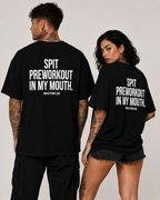 SPIT PREWORKOUT IN MY MOUTH – Weißes Oversize Unisex Shirt, Gym Shirt, Fitness Shirt, lustiger Spruch, Workout Shirt, Gym Geschenk, Statement Backprint