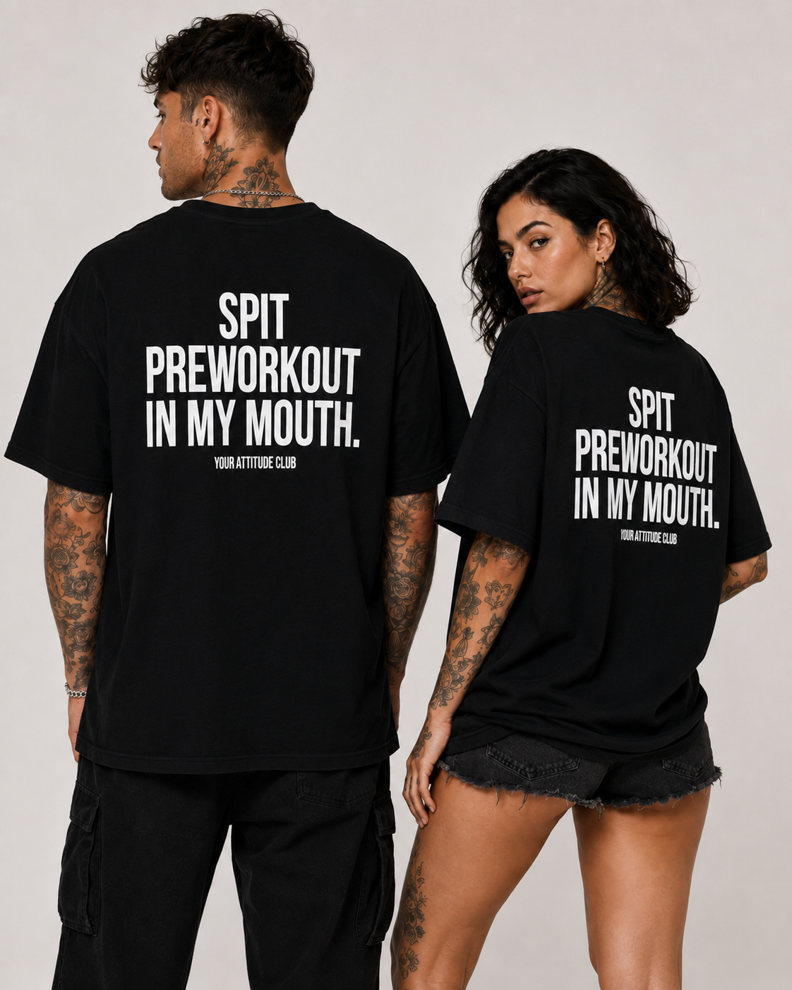SPIT PREWORKOUT IN MY MOUTH – Weißes Oversize Unisex Shirt, Gym Shirt, Fitness Shirt, lustiger Spruch, Workout Shirt, Gym Geschenk, Statement Backprint