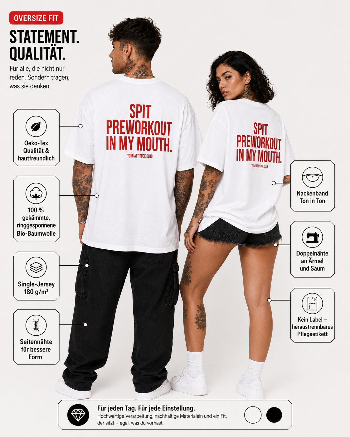 SPIT PREWORKOUT IN MY MOUTH – Weißes Oversize Unisex Shirt, Gym Shirt, Fitness Shirt, lustiger Spruch, Workout Shirt, Gym Geschenk, Statement Backprint