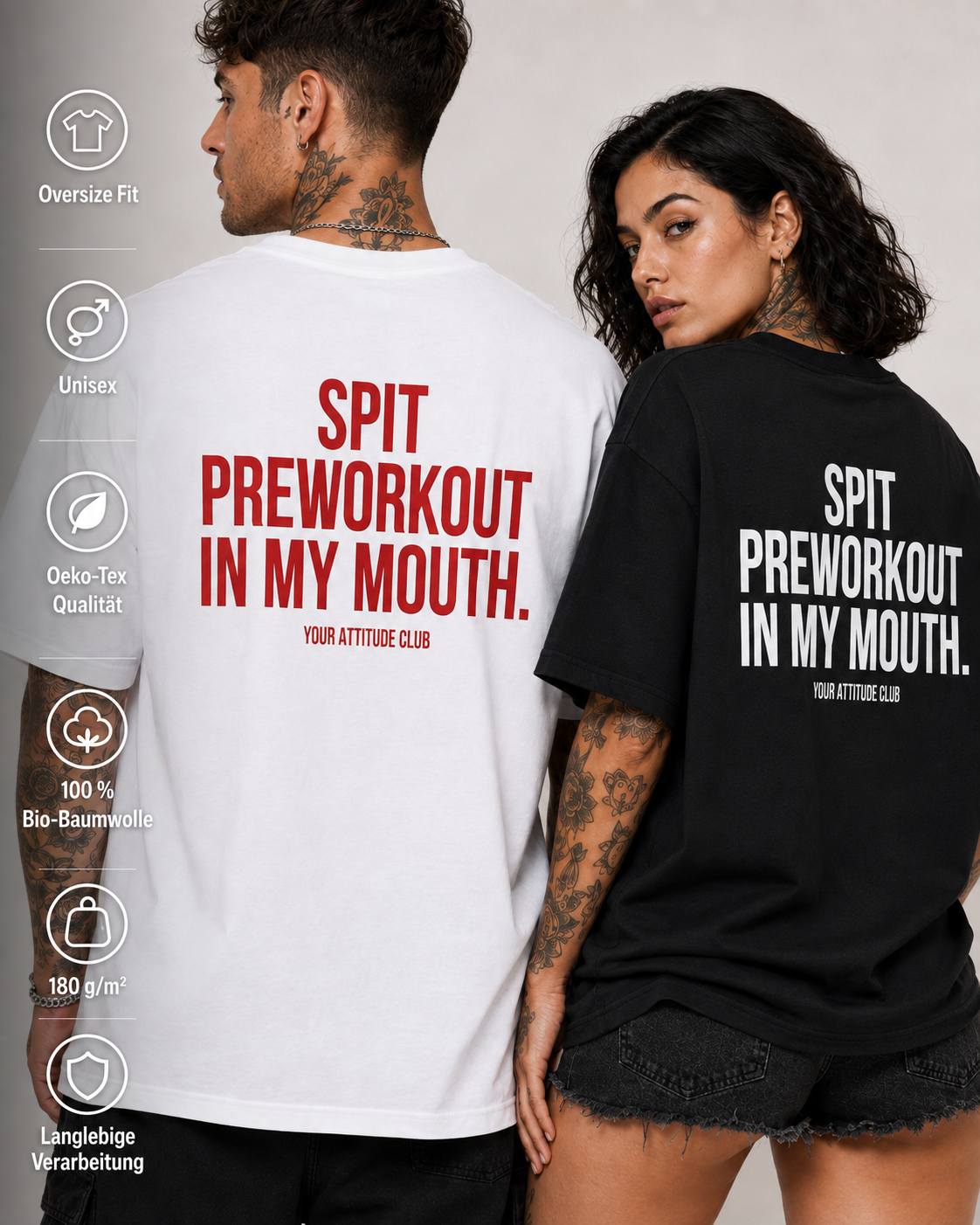 SPIT PREWORKOUT IN MY MOUTH – Weißes Oversize Unisex Shirt, Gym Shirt, Fitness Shirt, lustiger Spruch, Workout Shirt, Gym Geschenk, Statement Backprint
