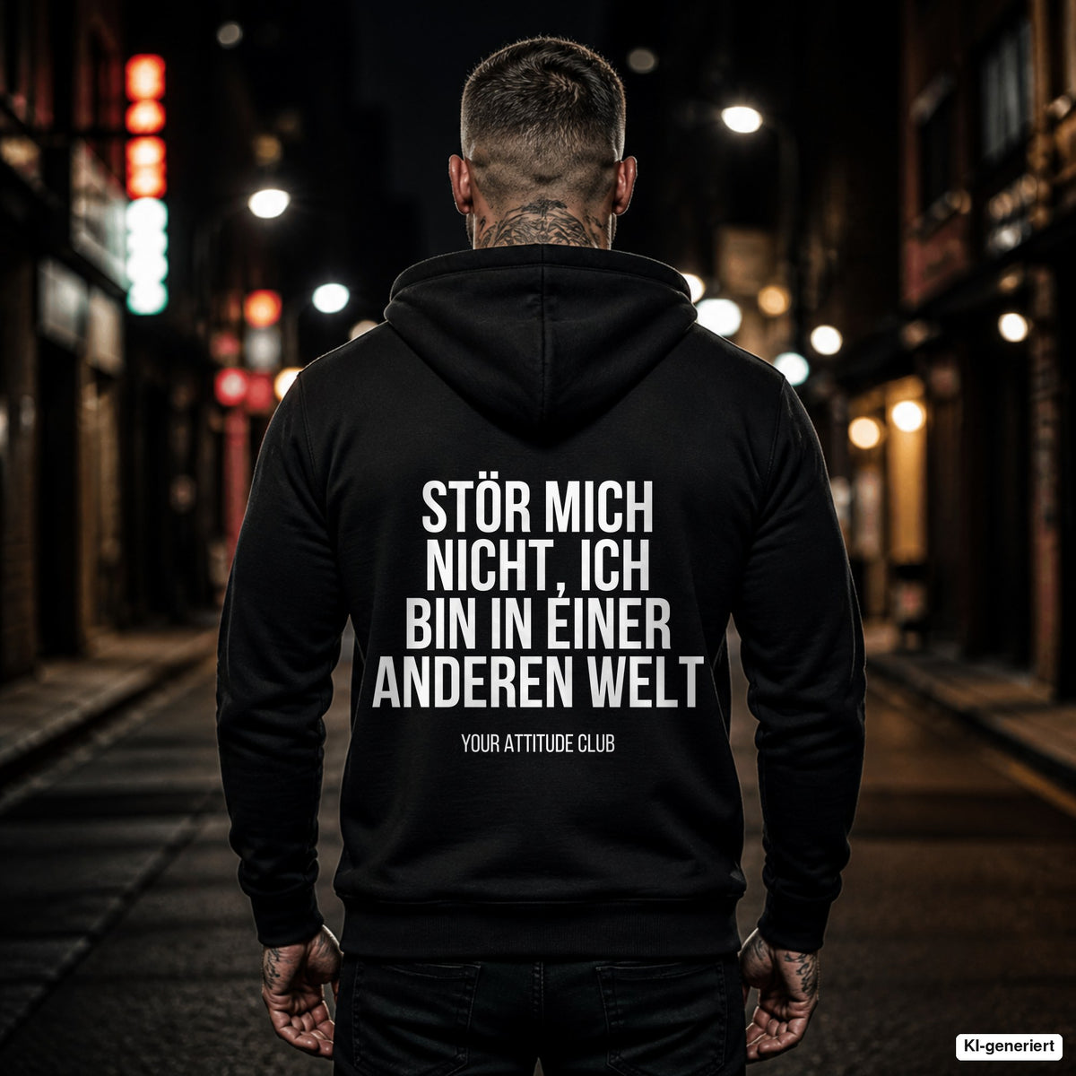 Stör mich nicht, ich bin in einer anderen Welt – schwarzer Hoodie mit weißem Backprint, Herren in der Stadt bei Nacht