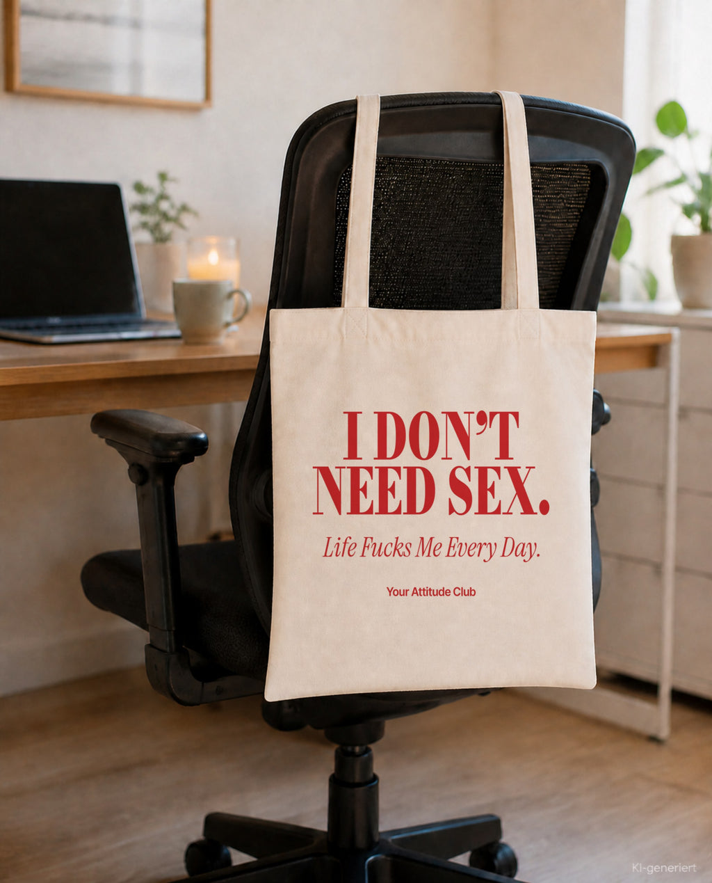 I Don’t Need Sex. Life Fucks Me Every Day – Stoffbeutel mit Spruch natur mit rotem Aufdruck, am Bürostuhl im Büro