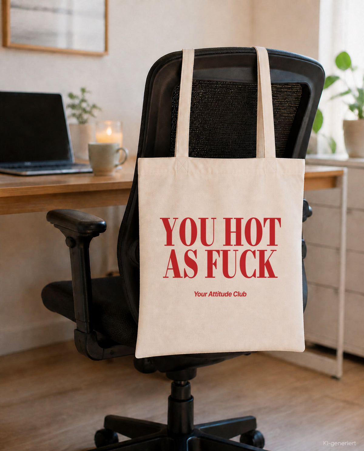 You Hot As Fuck – Stoffbeutel mit Spruch natur mit rotem Aufdruck, am Bürostuhl im Büro