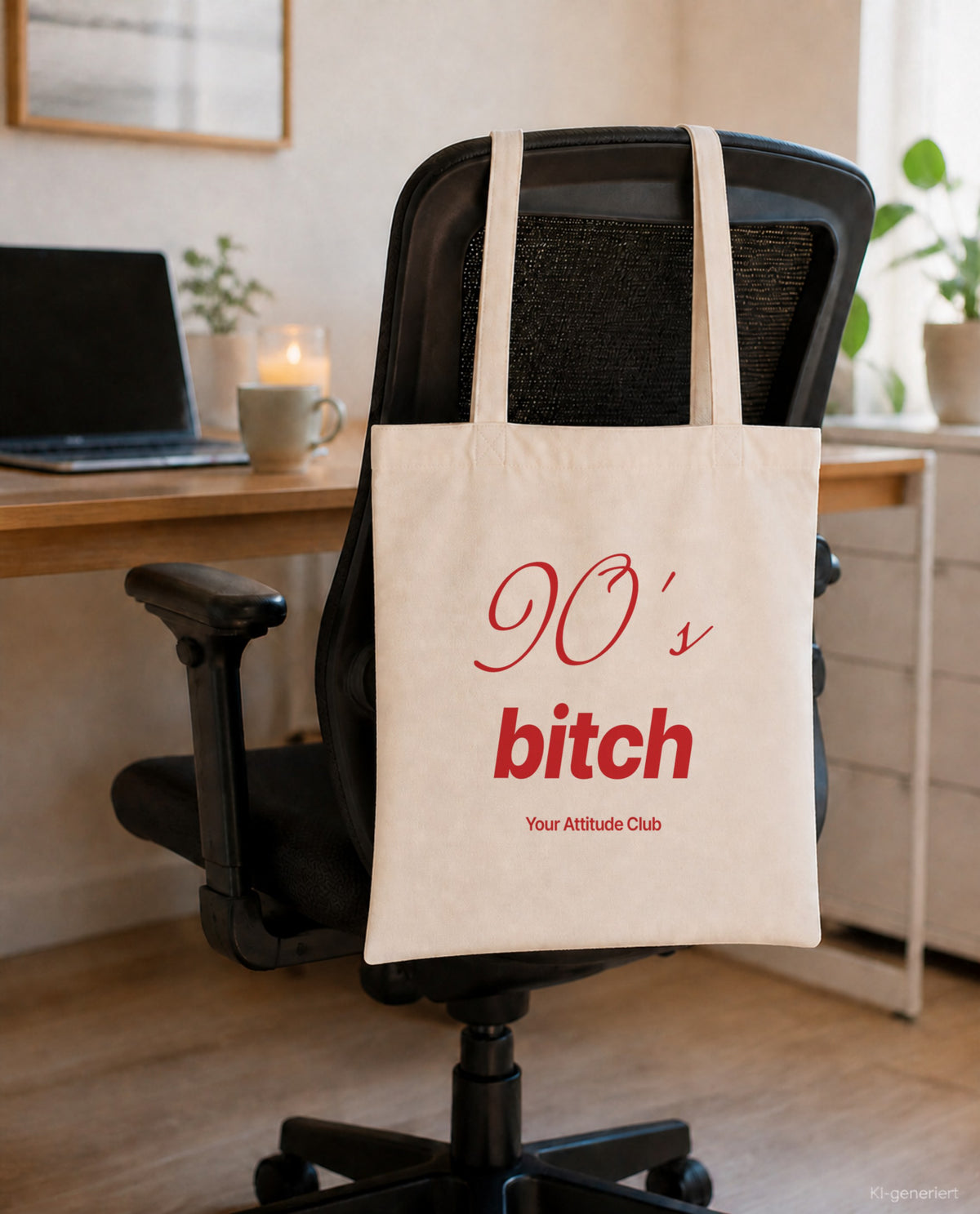 90's Bitch – Stoffbeutel mit Spruch natur mit rotem Aufdruck, am Bürostuhl im Büro