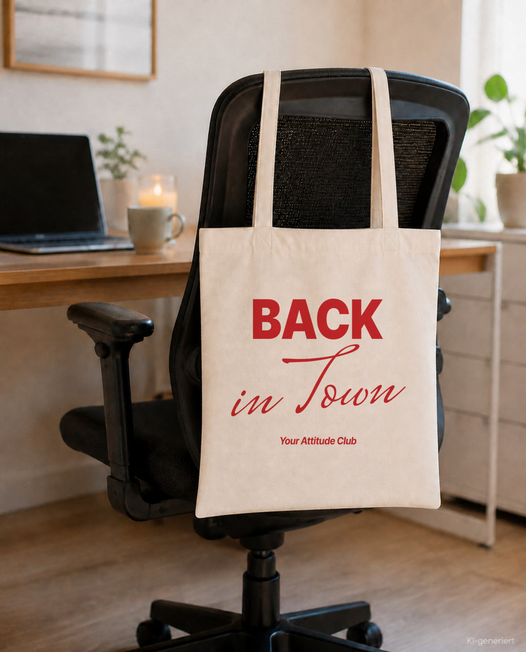 Back in Town – Stoffbeutel mit Spruch natur mit rotem Aufdruck, am Bürostuhl im Büro