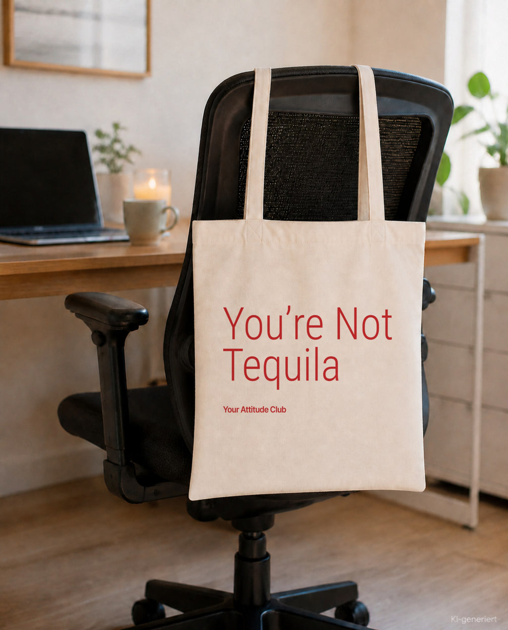You’re Not Tequila – Stoffbeutel mit Spruch natur mit rotem Aufdruck, am Bürostuhl im Büro