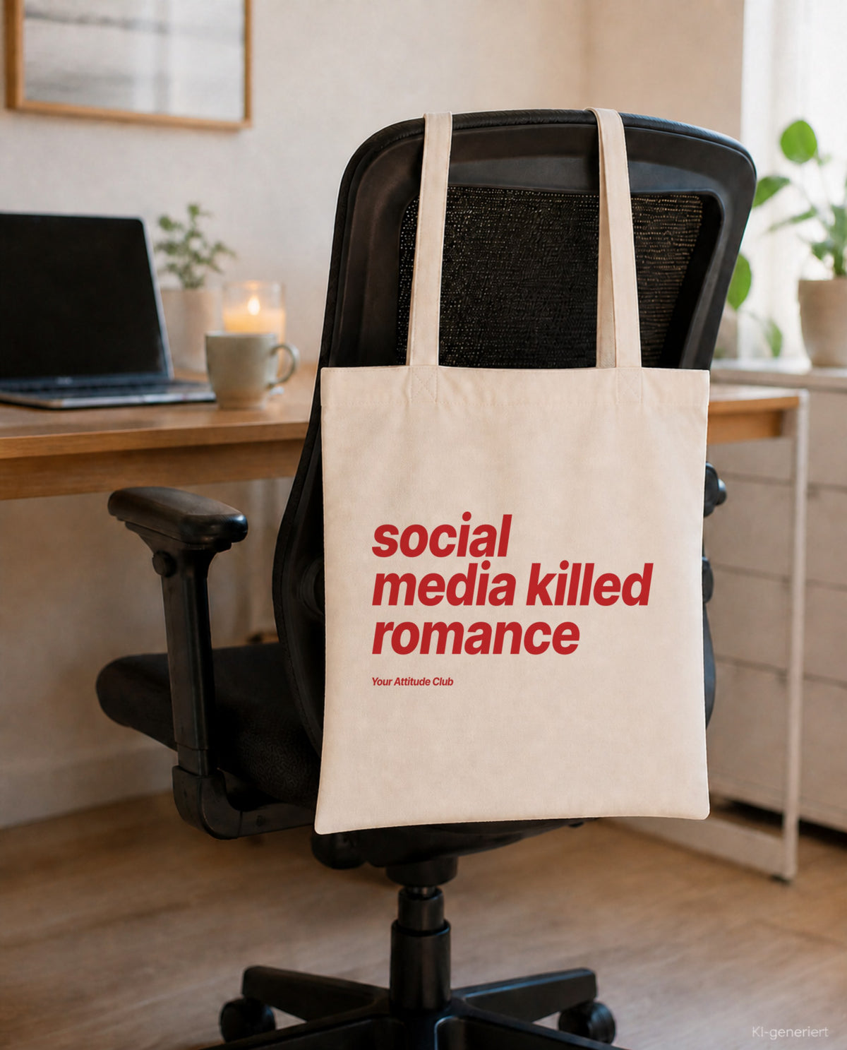 Social Media Killed Romance – Stoffbeutel mit Spruch natur mit rotem Aufdruck, am Bürostuhl im Büro