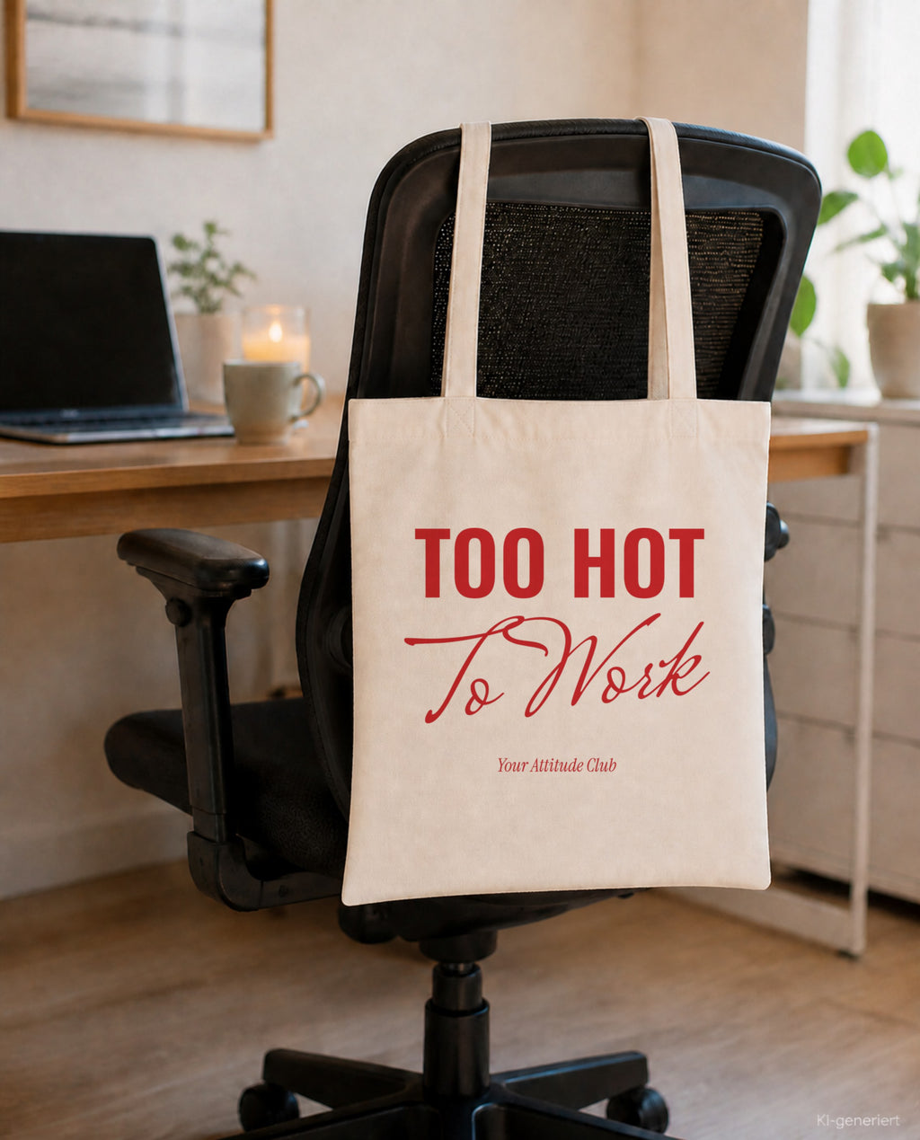 Too Hot To Work – Stoffbeutel mit Spruch natur mit rotem Aufdruck, am Bürostuhl im Büro