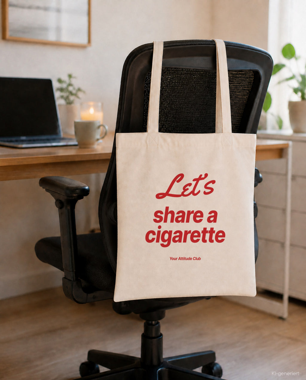 Let’s Share a Cigarette – Stoffbeutel mit Spruch natur mit rotem Aufdruck, am Bürostuhl im Büro