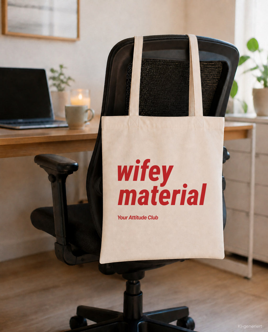 Wifey Material – Stoffbeutel mit Spruch natur mit rotem Aufdruck, am Bürostuhl im Büro
