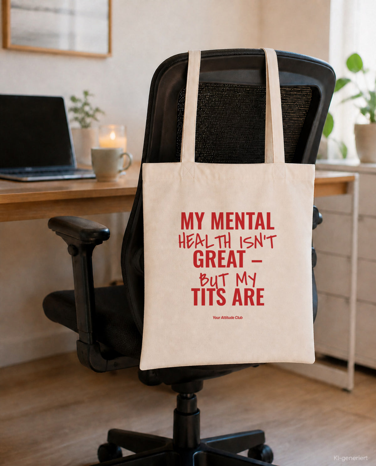 My Mental Health Isn’t Great – But My Tits Are – Stoffbeutel mit Spruch natur mit rotem Aufdruck, am Bürostuhl im Büro