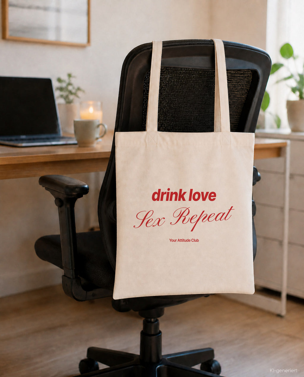 Drink Love Sex Repeat – Stoffbeutel mit Spruch natur mit rotem Aufdruck, am Bürostuhl im Büro