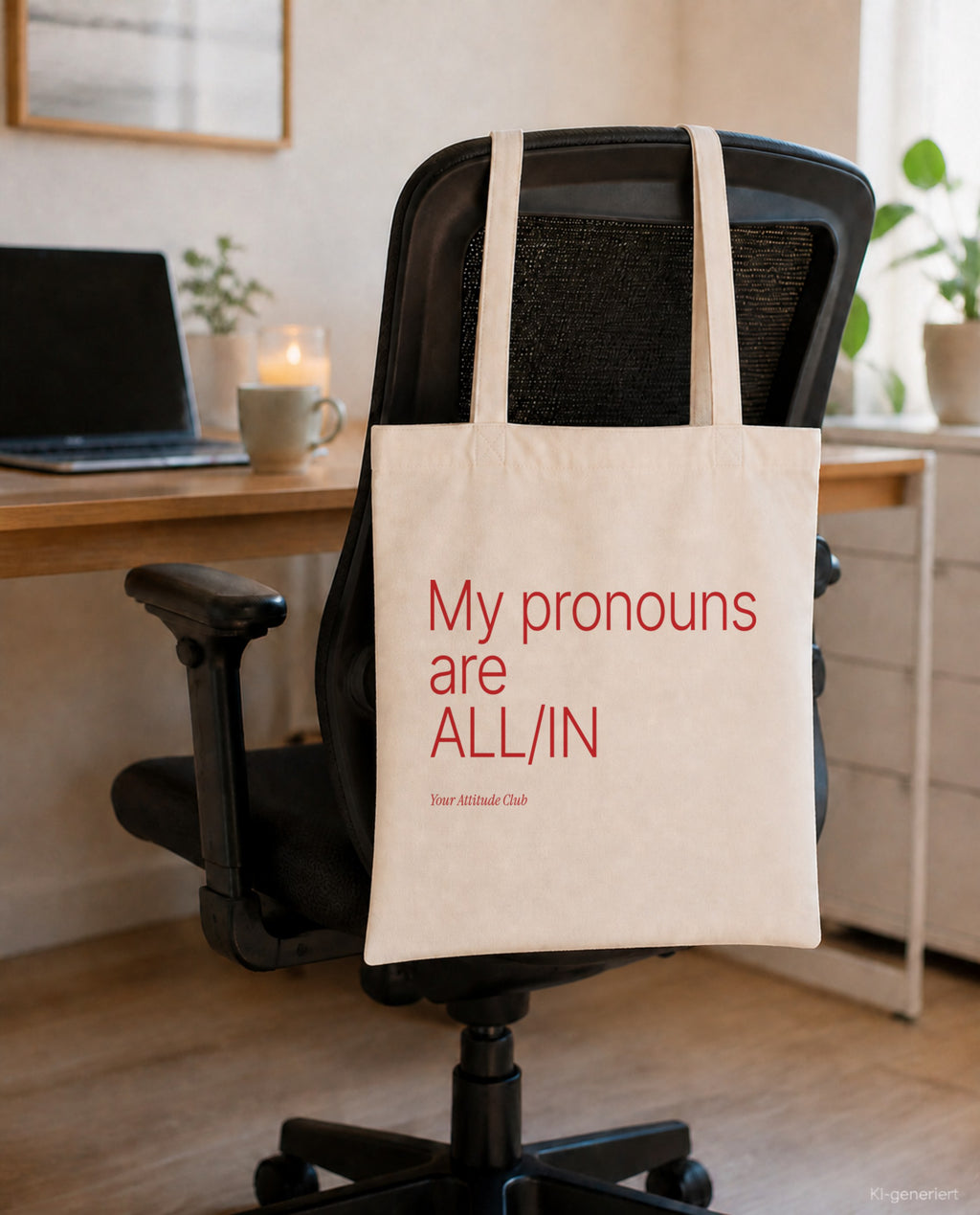 My pronouns are ALL/IN – Stoffbeutel mit Spruch natur mit rotem Aufdruck, am Bürostuhl im Büro